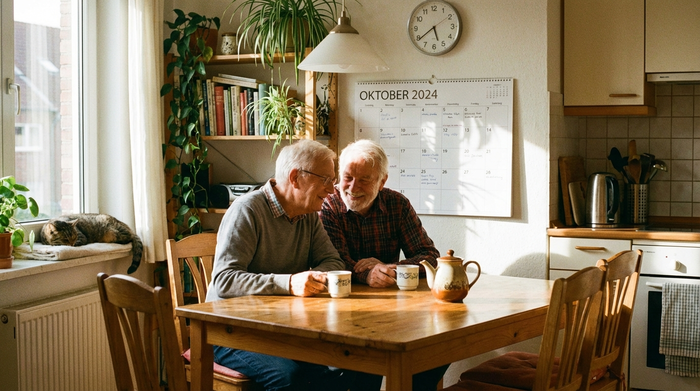 Ein älteres Ehepaar sitzt gemeinsam am Esstisch und schaut entspannt auf einen Wandkalender. Eine Teetasse steht auf dem Tisch, warme und positive Stimmung, helles Zimmer.