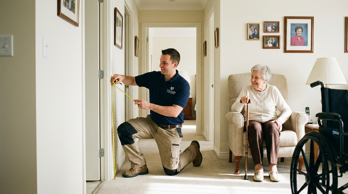 Ein freundlicher Medizintechniker kniet im Flur einer sauberen Wohnung und misst mit einem Maßband den Türrahmen aus. Eine ältere Dame schaut ihm lächelnd zu.