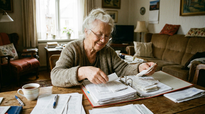 Eine ältere Frau ordnet sorgfältig verschiedene Belege und Quittungen in eine Mappe auf einem Holztisch. Sie wirkt zufrieden und gut organisiert.