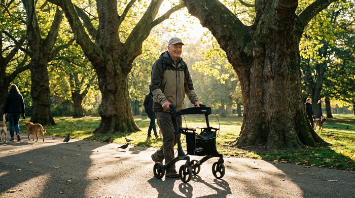 Ein rüstiger Rentner spaziert mit einem modernen, leichten Rollator durch einen grünen Park mit großen Bäumen an einem sonnigen Tag.