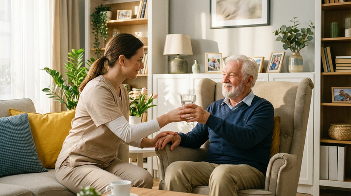 Eine liebevolle Pflegekraft reicht einem älteren Herrn sanft ein Glas Wasser. Helles, aufgeräumtes Wohnzimmer mit gemütlichen Möbeln, warme und fürsorgliche Stimmung.