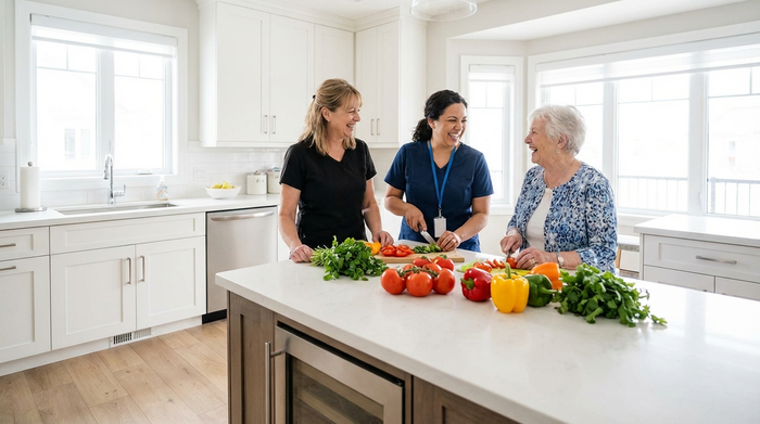 Eine Betreuungskraft kocht gemeinsam mit einer älteren Frau in einer modernen, sauberen Küche. Frisches Gemüse liegt auf der Arbeitsfläche, fröhliches Miteinander.