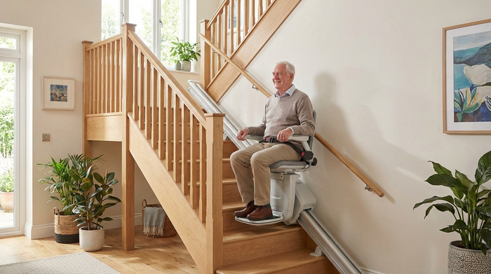 Ein moderner Treppenlift fährt an einer hellen Holztreppe in einem gepflegten Einfamilienhaus hinauf. Sichere und komfortable Wohnumgebung für Senioren.