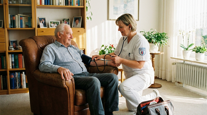 Eine examinierte Pflegekraft misst behutsam den Blutdruck eines älteren Herrn im bequemen Sessel. Helles, aufgeräumtes Wohnzimmer, medizinische Versorgung zu Hause, realistische und respektvolle Darstellung.