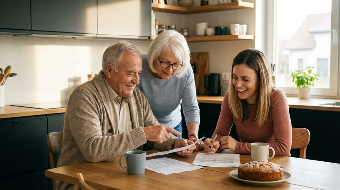 Ein älteres Ehepaar sitzt mit einer jüngeren Angehörigen am Küchentisch und schaut gemeinsam auf Dokumente. Konzentrierte, aber entspannte Stimmung, warmes Licht, modernes Zuhause, harmonischer Familienzusammenhalt.