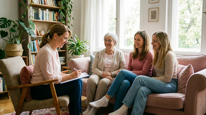 Eine sympathische Pflegedienstleitung im Gespräch mit einer Familie auf dem Sofa. Die Beraterin macht sich Notizen auf einem Klemmbrett. Freundliches Lächeln, vertrauensvoller Austausch, helles und gemütliches Interieur.