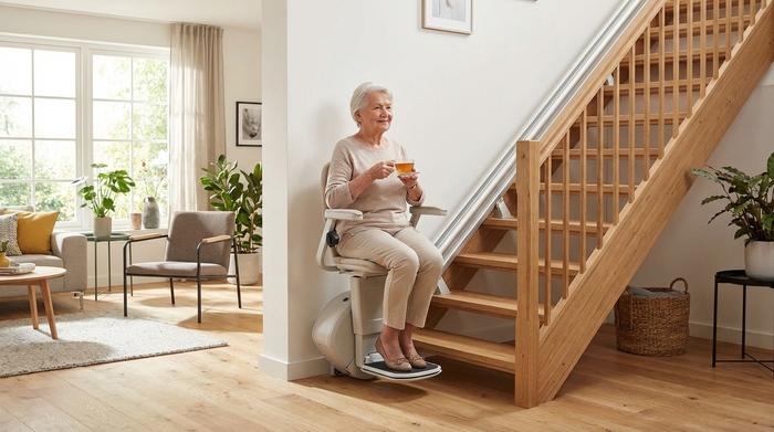 Ein moderner, unauffälliger Treppenlift in einem gepflegten Einfamilienhaus. Eine ältere Dame fährt sicher und entspannt die Holztreppe hinauf. Helle Umgebung, sicheres Wohnen im Alter, fotorealistisch.
