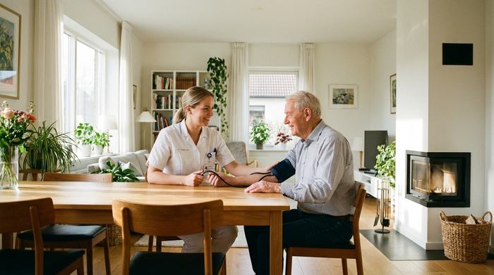 Eine professionelle Pflegekraft in weißer Dienstkleidung misst den Blutdruck eines älteren Herrn am Esstisch. Helles, aufgeräumtes Zimmer mit warmem Sonnenlicht.
