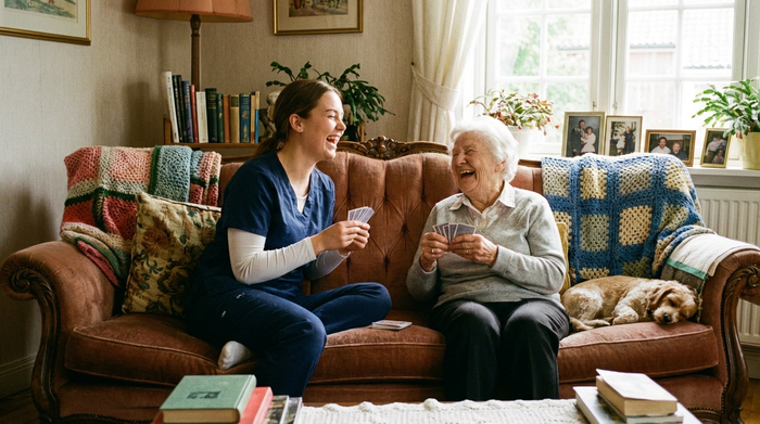 Eine junge Betreuerin und eine ältere Frau sitzen lachend gemeinsam auf einem Sofa und spielen ein Kartenspiel. Gemütliche, vertraute Wohnatmosphäre.