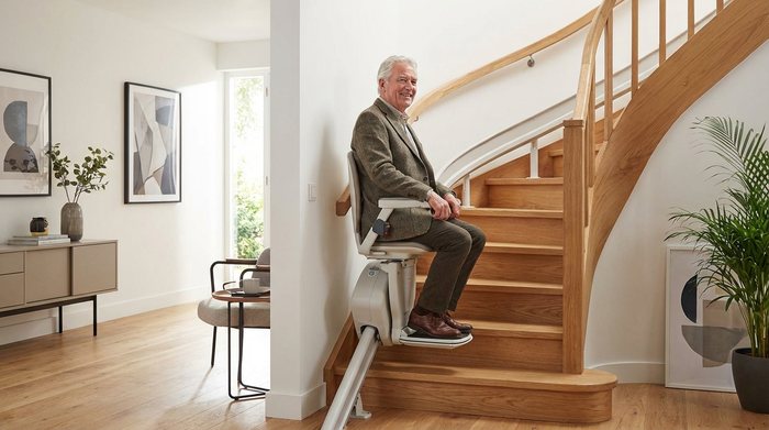 Ein zufriedener älterer Mann fährt sicher auf einem modernen Treppenlift eine geschwungene Holztreppe hinauf. Helles Treppenhaus mit stilvoller Einrichtung.