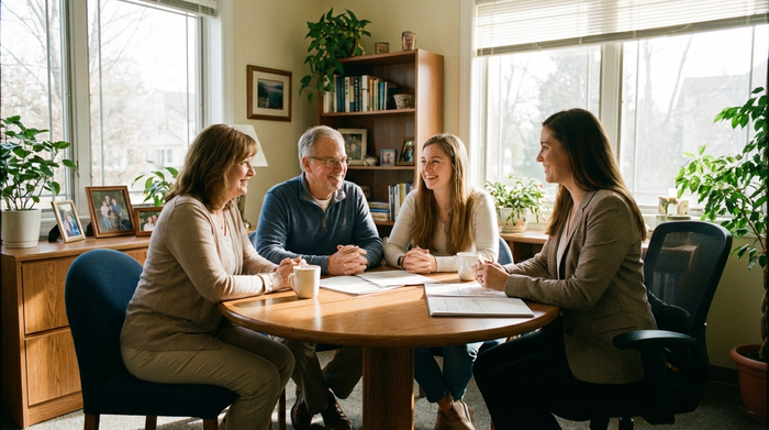 Eine Familie sitzt gemeinsam mit einem Pflegeberater an einem runden Holztisch und bespricht entspannt Dokumente. Helles Büro, positive und unterstützende Stimmung.