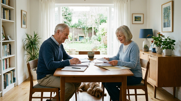 Ein älteres Ehepaar sitzt an einem Esstisch und ordnet beruhigt Dokumente, sanftes Tageslicht, ordentliches und helles Zuhause, fokussierte und zuversichtliche Stimmung.