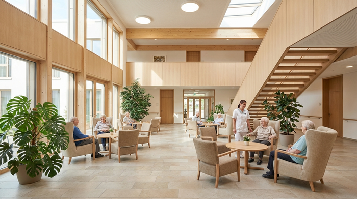 Ein moderner, heller Eingangsbereich eines freundlichen Seniorenheims in Deutschland, gemütliche Sessel, grüne Zimmerpflanzen, einladende und sehr saubere Architektur ohne Schilder.