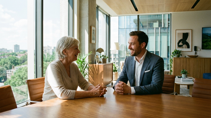Ein freundlicher Berater im Anzug spricht lächelnd mit einer älteren Dame in einem modernen, lichtdurchfluteten Büro, offene Körperhaltung, professionelle und empathische Beratungssituation.