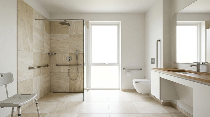 Ein helles, barrierefreies und modernes Badezimmer mit einer geräumigen, ebenerdigen Dusche, stilvolle Fliesen, dezente Haltegriffe an den Wänden, sehr sauber und sicher eingerichtet.