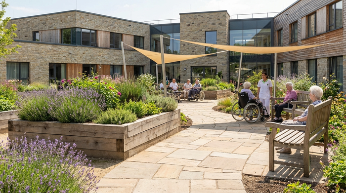 Ein sicherer, idyllischer Sinnesgarten eines Pflegeheims mit einem stufenlosen Rundweg, Hochbeeten voller Lavendel und gemütlichen Holzbänken im Sonnenschein. Realistische Architekturfotografie ohne Text.