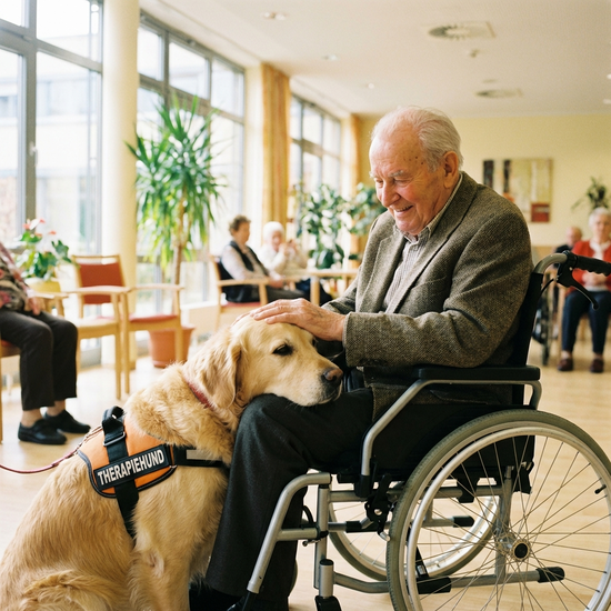 Ein freundlicher Therapiehund legt seinen Kopf sanft auf den Schoß eines älteren Herrn im Rollstuhl, der den Hund liebevoll streichelt. Helle, klare Umgebung.