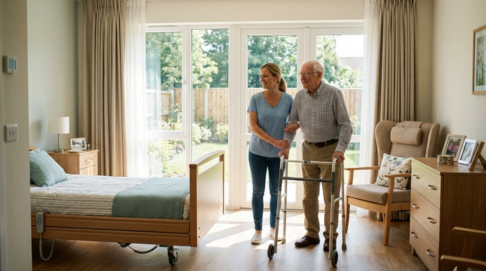 Eine erwachsene Tochter und ihr älterer Vater bei der Besichtigung eines modernen Pflegeheims, sie betrachten gemeinsam ein helles, barrierefreies Bewohnerzimmer mit vertrauten Holzmöbeln und großen Fenstern.