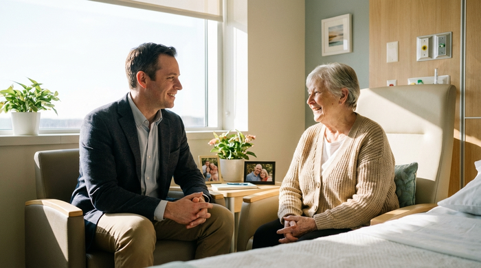 Ein professioneller Sozialarbeiter im Gespräch mit einer älteren Dame in einem hellen Krankenzimmer. Beide wirken konzentriert und freundlich. Realistische Szene, sauberes Umfeld, warmes Licht.