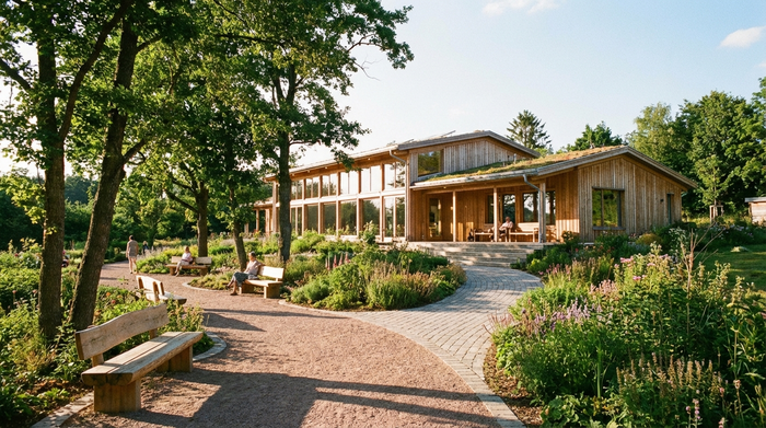 Ein modernes, einladendes Gebäude von außen an einem sonnigen Tag in einer grünen Umgebung. Gepflegte Wege, alte Bäume und gemütliche Sitzbänke im Garten. Realistische Architekturfotografie.