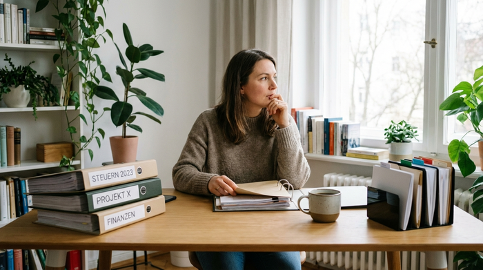 Eine nachdenkliche Frau sitzt an einem aufgeräumten Schreibtisch und sortiert übersichtlich Dokumente in Mappen. Eine Tasse Kaffee steht daneben. Helles Tageslicht, fokussierte Stimmung.