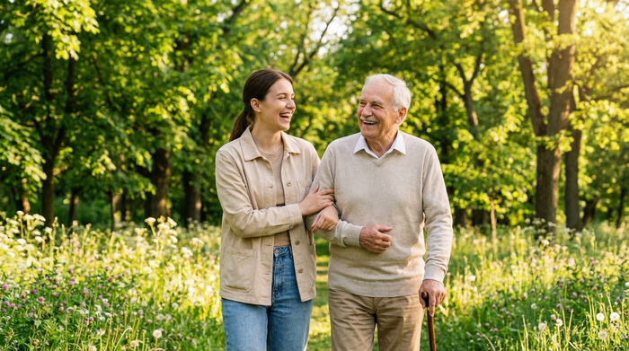 Eine freundliche, junge Betreuerin in dezenter Kleidung unterstützt einen lächelnden Senior beim Spaziergang im Park. Beide wirken entspannt und vertraut. Sonniges Wetter, grüne Natur.