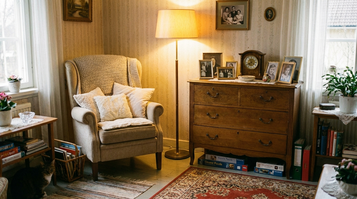 Ein liebevoll eingerichtetes Zimmer für Senioren mit persönlichen Gegenständen, einem bequemen Sessel, gerahmten Familienfotos auf einer Kommode und weichen Kissen. Gemütliche, warme Beleuchtung.