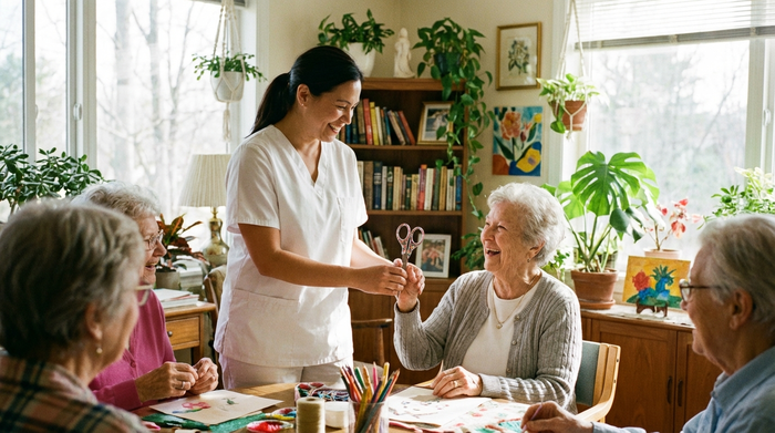 Eine fröhliche Gruppe von Senioren sitzt in einer gemütlichen, hellen Tagespflegeeinrichtung zusammen am Tisch und bastelt. Eine freundliche Pflegefachkraft in weißer Kleidung reicht einer älteren Dame lächelnd ein Bastelutensil. Warme, einladende Szene, realistisch, ohne Text.