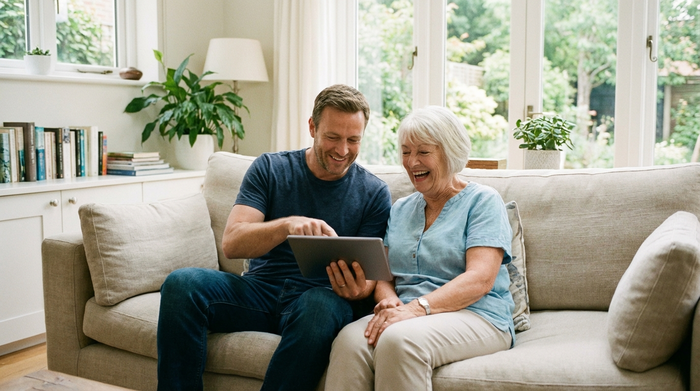 Eine ältere Frau sitzt mit ihrem erwachsenen Sohn auf einem bequemen Sofa. Der Sohn hält einen Tablet-Computer und zeigt ihr erfreut etwas auf dem Bildschirm. Im Hintergrund ein aufgeräumtes, helles Wohnzimmer. Ruhige, positive Stimmung, fotorealistisch.