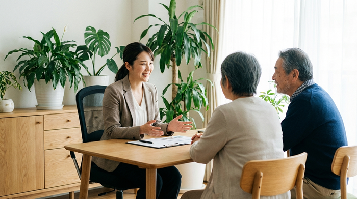 Eine professionelle, freundliche Pflegeberaterin sitzt am Schreibtisch und erklärt einem älteren Ehepaar geduldig die verschiedenen Pflegeleistungen. Die Atmosphäre ist vertrauensvoll und entspannt, helles Büro mit Pflanzen. Keine lesbaren Texte.