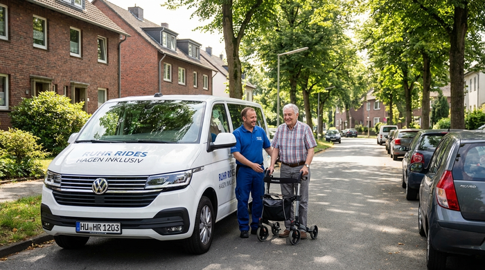 Ein freundlicher Fahrer eines Fahrdienstes hilft einem lächelnden Senior mit Rollator behutsam beim Einstieg in einen modernen, weißen Kleinbus. Im Hintergrund ist eine typische, grüne Wohnstraße in Hagen zu sehen. Sonniges Wetter, realistische Szene.