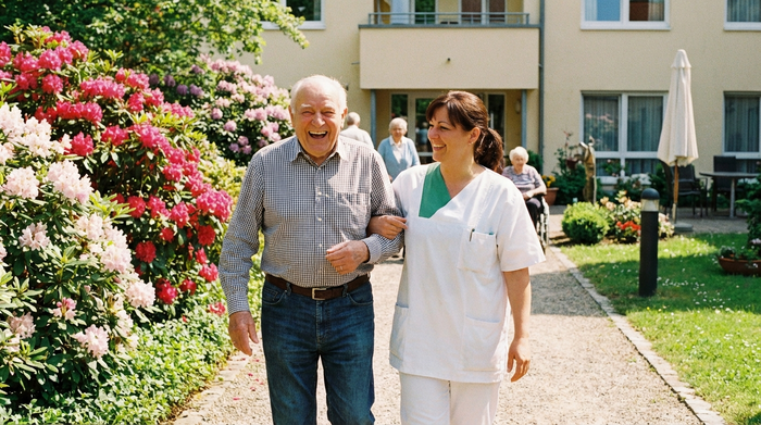 Ein älterer Herr lacht herzlich, während er mit einer Pflegekraft im Garten einer Tagespflegeeinrichtung spazieren geht. Im Hintergrund blühende Sträucher und ein gepflegter Weg. Helle, lebensbejahende Szene, fotorealistisch.