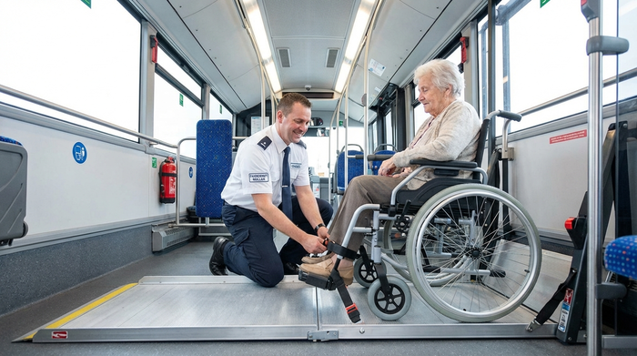 Ein professioneller Fahrer in sauberer Arbeitskleidung sichert behutsam einen Rollstuhl über eine flache Rampe im geräumigen Innenraum eines Transportbusses. Helle Ausleuchtung, sichere Umgebung.