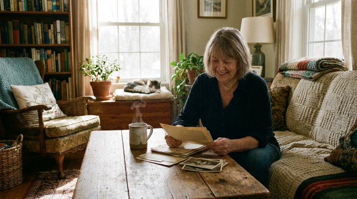 Eine ältere Dame sitzt entspannt an einem Holztisch und betrachtet lächelnd einige Dokumente. Eine Tasse Kaffee steht daneben. Warme, gemütliche Atmosphäre im heimischen Wohnzimmer.