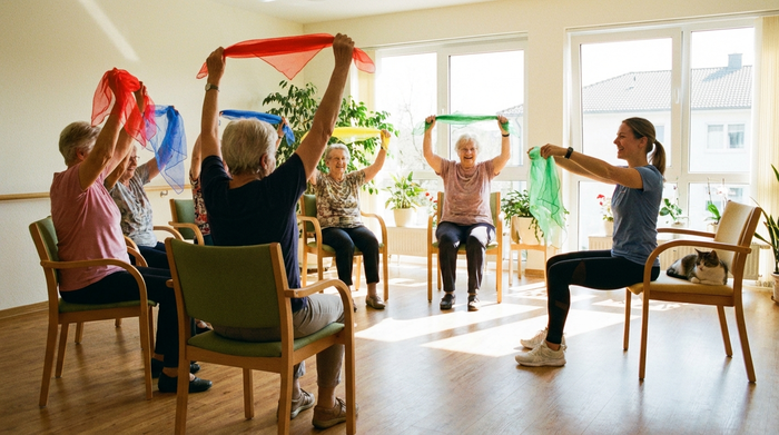 Eine Gruppe älterer Menschen macht leichte Gymnastik im Sitzen. Sie halten bunte Chiffontücher in den Händen und strecken die Arme in die Luft. Eine motivierte Therapeutin macht die Übungen vor. Der Raum ist hell, mit Holzfußboden und großen Fenstern.