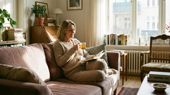 Eine entspannte Frau mittleren Alters sitzt mit einer Tasse Tee auf einem bequemen Sofa in ihrem heimischen Wohnzimmer und liest ein Buch. Sie wirkt ausgeruht und gelöst. Weiches Sonnenlicht fällt durch das Fenster auf sie.