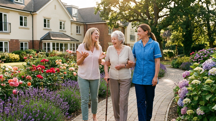 Eine ältere Dame und ihre erwachsene Tochter spazieren gemeinsam mit einer Pflegekraft durch den gepflegten, grünen Garten einer Senioreneinrichtung. Sie unterhalten sich angeregt und wirken vertraut. Bunte Blumenbeete säumen den gepflasterten Weg.