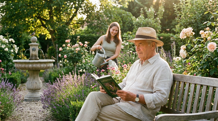 Ein älterer Herr sitzt entspannt in seinem gepflegten Garten und liest ein Buch, während im Hintergrund eine junge, engagierte Alltagsbegleiterin Pflanzen gießt. Friedliche und sonnige Atmosphäre.