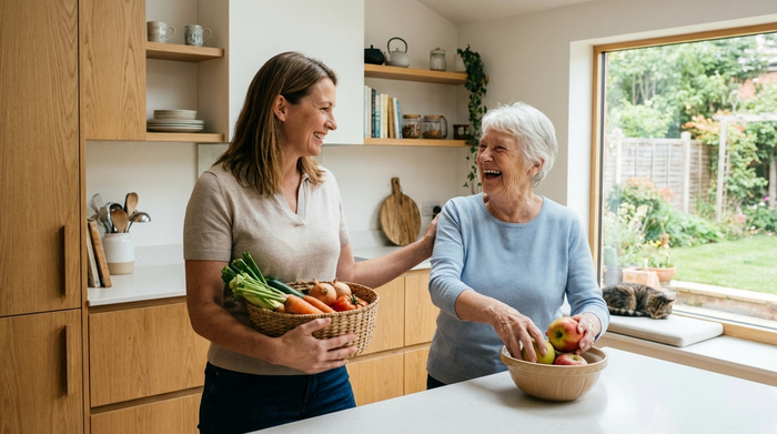 Eine sympathische Betreuungskraft räumt gemeinsam mit einer Seniorin frisches Gemüse und Obst in eine moderne Holzküche ein. Beide lachen und wirken sehr vertraut miteinander.