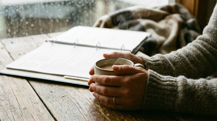 Zwei Hände halten eine Kaffeetasse an einem Holztisch, im Hintergrund liegt unscharf ein aufgeschlagener Ordner. Fokus auf der entspannten Stimmung ohne sichtbare Dokumentendetails oder lesbare Schriften.