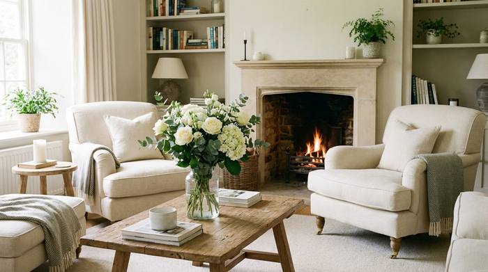 Eine aufgeräumte, blitzsaubere Wohnstube mit gemütlichen Sesseln und frischen Blumen auf dem Tisch. Das Zimmer strahlt absolute Ruhe, Sauberkeit und Geborgenheit aus.