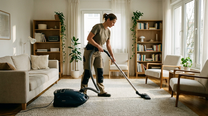 Eine fleißige und fokussierte Reinigungskraft saugt den Teppich in einem ordentlichen, hellen Wohnzimmer mit modernen, gemütlichen Möbeln.