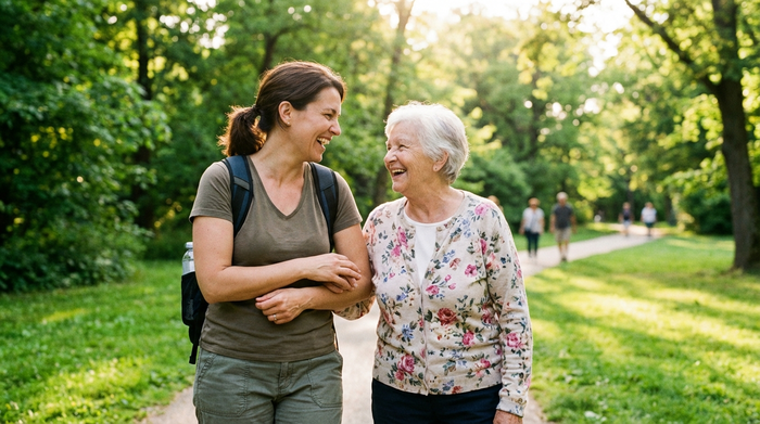 Eine einfühlsame Betreuungskraft spaziert gemeinsam mit einer lächelnden Seniorin durch einen grünen Park an einem sonnigen Tag, beide unterhalten sich angeregt und wirken vertraut.