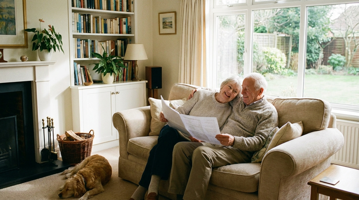Ein älteres Ehepaar sitzt entspannt auf dem Sofa und liest gemeinsam ein Dokument, im Hintergrund eine gut organisierte und sichere Wohnumgebung, friedliche und beruhigende Stimmung.