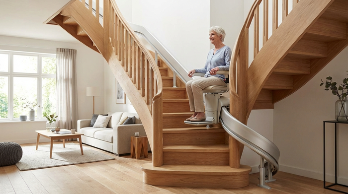 Ein moderner, unauffälliger Treppenlift in einem gepflegten Einfamilienhaus, eine ältere Dame fährt sicher und entspannt die geschwungene Holztreppe hinauf.