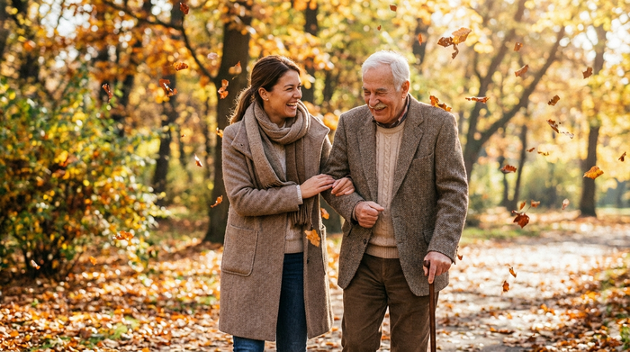 Eine herzliche Pflegekraft stützt einen älteren Herrn behutsam bei einem Spaziergang durch einen grünen, herbstlichen Park. Beide tragen warme, gepflegte Kleidung und genießen die frische Luft unter bunten Bäumen.