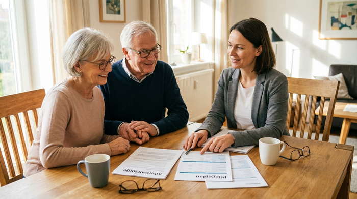 Ein älteres Ehepaar sitzt mit einer freundlichen Beraterin am Esstisch. Auf dem Tisch liegen übersichtliche Dokumente. Die Beraterin erklärt geduldig und mit einem beruhigenden Lächeln die Details, während das Paar entspannt zuhört.