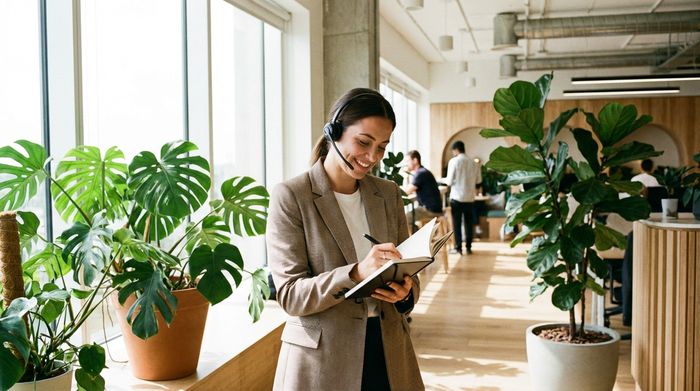 Eine professionell gekleidete Frau telefoniert lächelnd in einem modernen, hellen Büro. Sie trägt ein Headset und notiert sich aufmerksam Details in einem Notizbuch. Im Hintergrund stehen große, grüne Zimmerpflanzen.