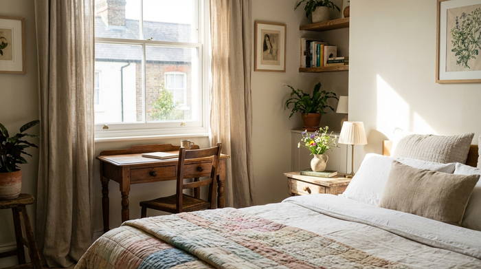 Ein helles, liebevoll eingerichtetes Gästezimmer mit einem komfortablen Bett, einem kleinen Schreibtisch und einem großen Fenster, durch das sanftes Tageslicht fällt. Auf dem Nachttisch steht eine kleine Vase mit frischen Blumen.