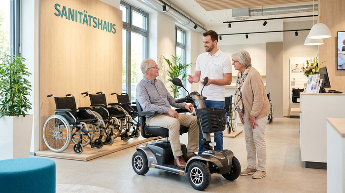 Ein modernes Sanitätshaus von innen mit hellen Ausstellungsflächen. Ein freundlicher Berater in einem weißen Poloshirt erklärt einem älteren Ehepaar die Funktionen eines Elektromobils. Im Hintergrund sind ordentlich aufgereihte Leichtgewichtsrollstühle zu sehen. Die Szene wirkt professionell und einladend.